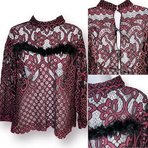 Dance & Marvel Lace Mockneck Open Back Feather Trim Blouse Maroon Black M